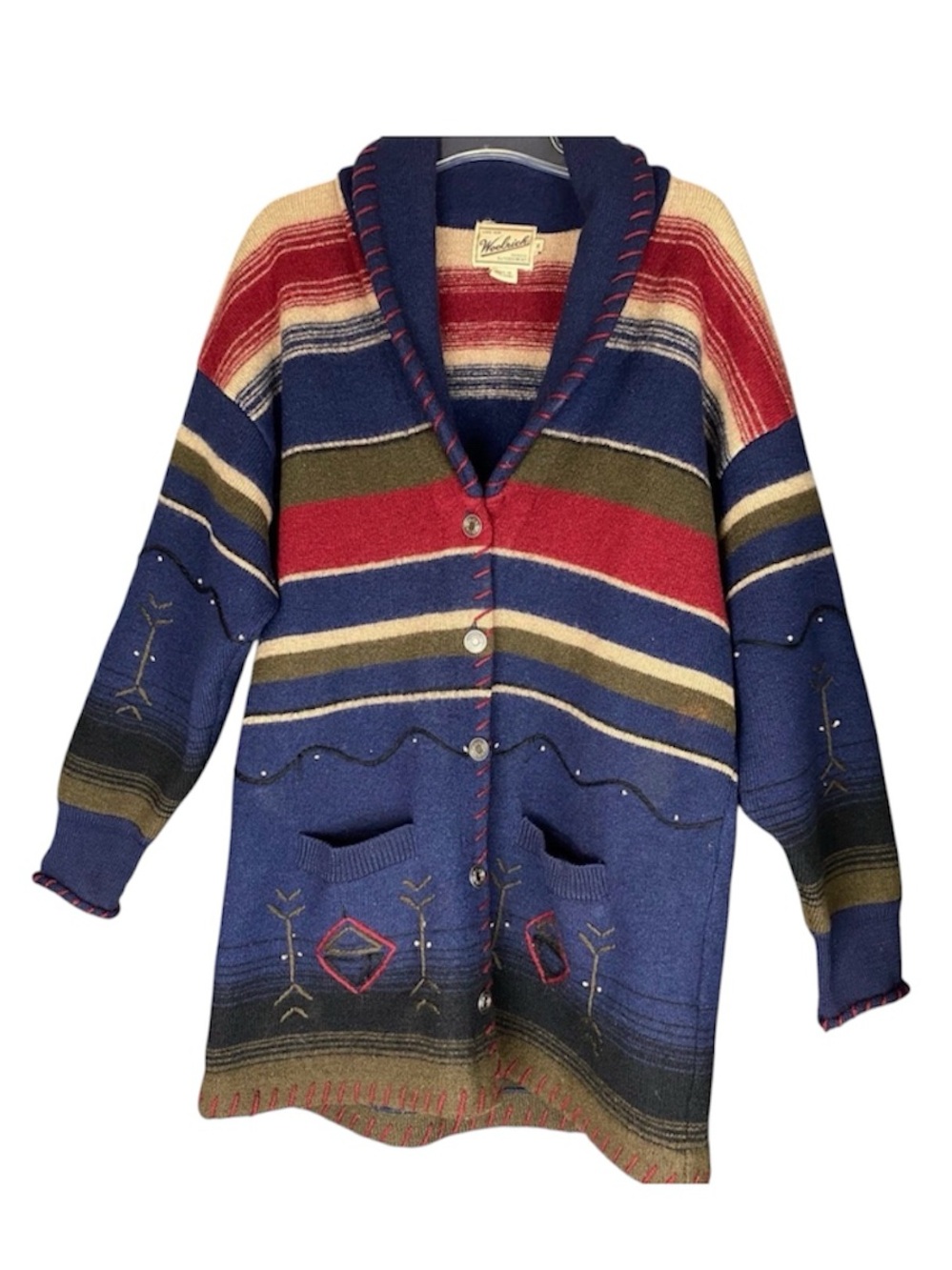 Vintage Woolrich Aztec Shawl Sweater Jacket Blue Red Button Down Size Medium